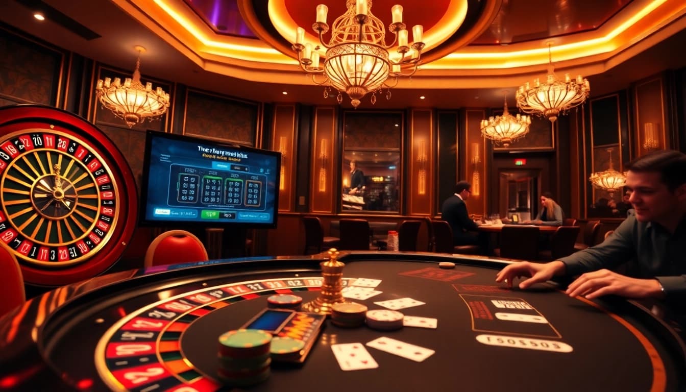Players engaging in thrilling games at https://vmax.jp.net/ casino with poker chips and cards.
