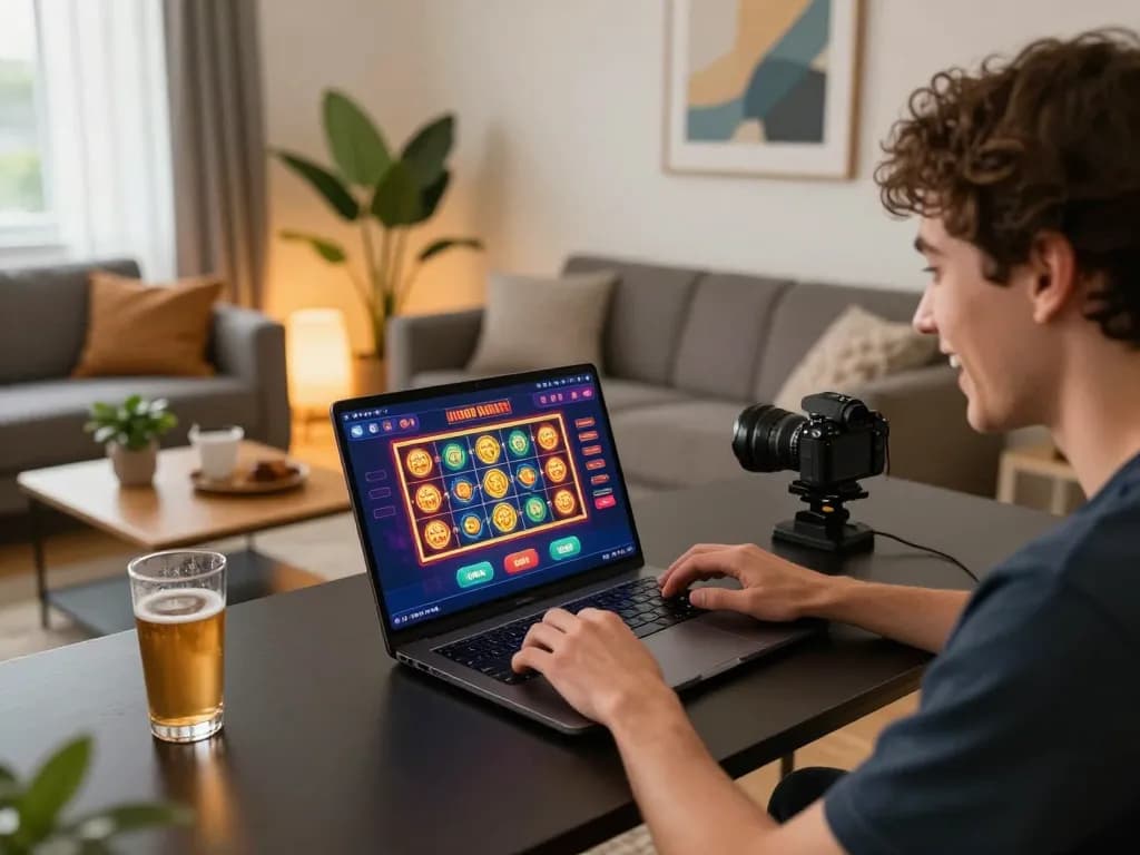 Tg88.com online gaming setup with a player engaged in exciting casino games at home, vibrant and cozy atmosphere