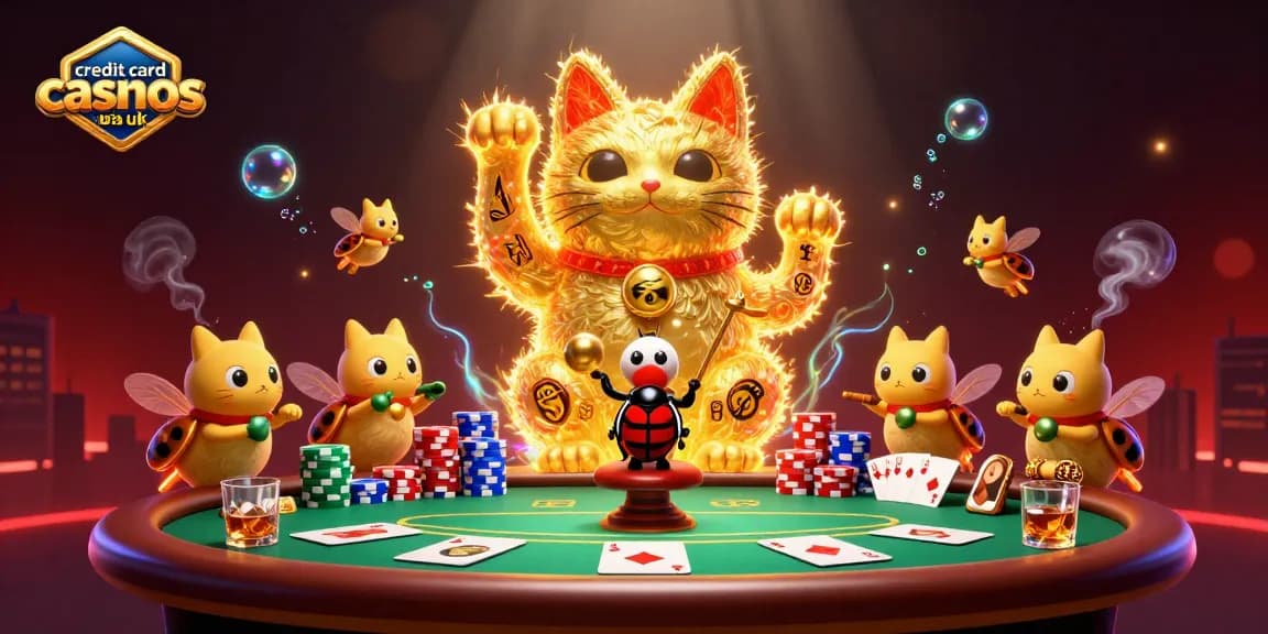Engaging scene showcasing credit card casinos UK with a giant lucky cat and poker elements.