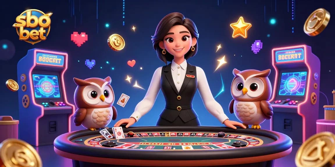 Sbo bet scene featuring an Asian woman dealer and cartoon owl assistant at a baccarat table amidst vibrant gaming elements.