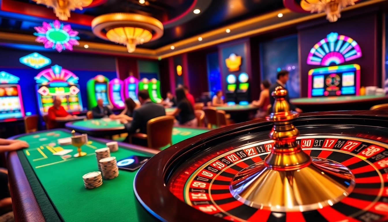 Exciting action at casino 789p with vibrant gameplay at poker and roulette tables.