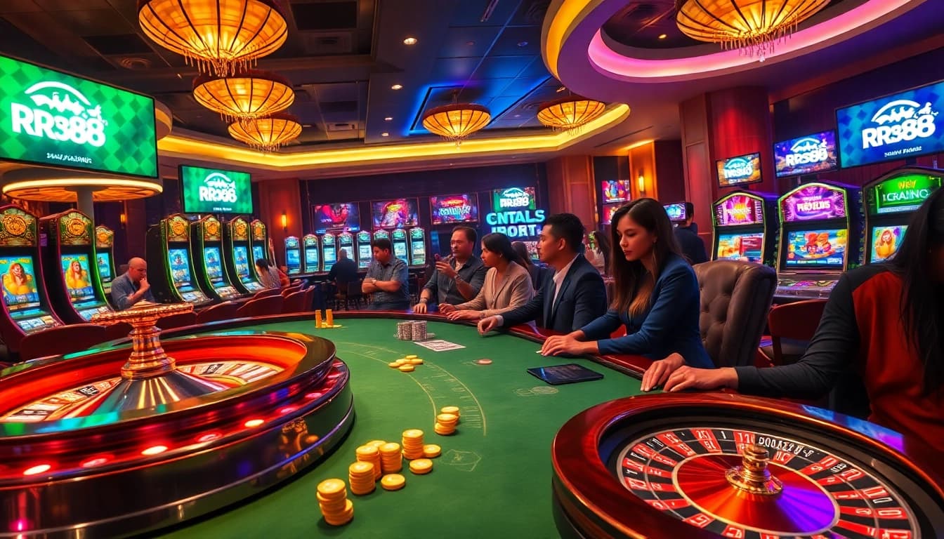 Players enjoying games at RR88 casino with exciting slot machines and roulette wheels.