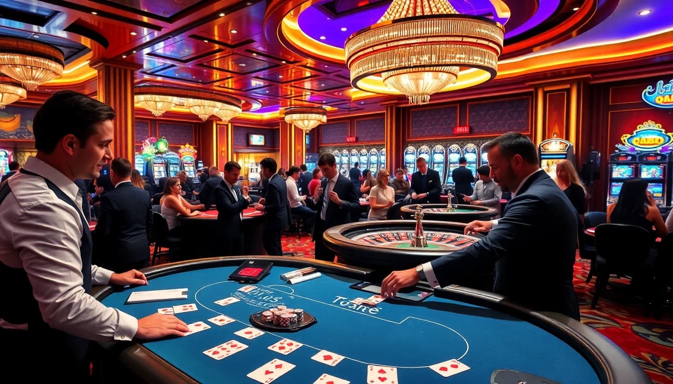 Exciting gameplay at RR88 casino with vibrant poker chips and a dealer spinning a roulette wheel.