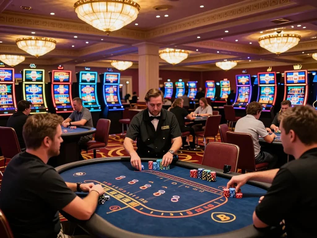 Players engaging in strategic gameplay at TR88 casino floor with vibrant slot machines in the background