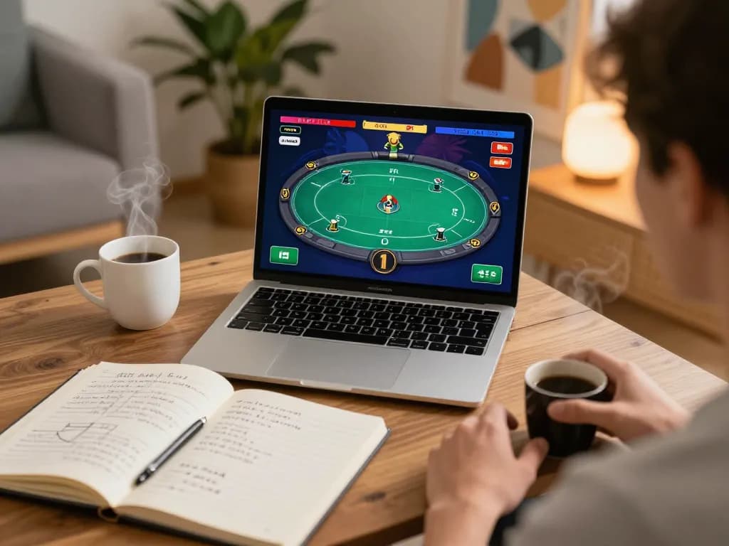Person engaged in online poker at home via kp88 platform with strategy notes visible