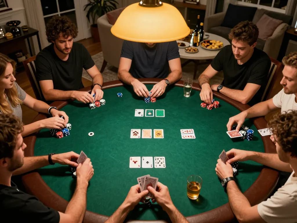 Playing poker with friends at home, engaging with J88. com game and enjoying the social atmosphere