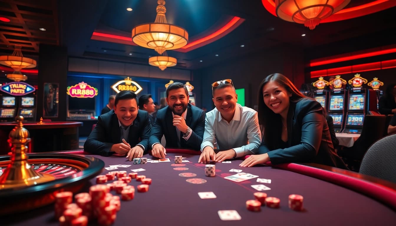 Get ready to win big at RR88 with this exciting gambling scene featuring tables and chips.