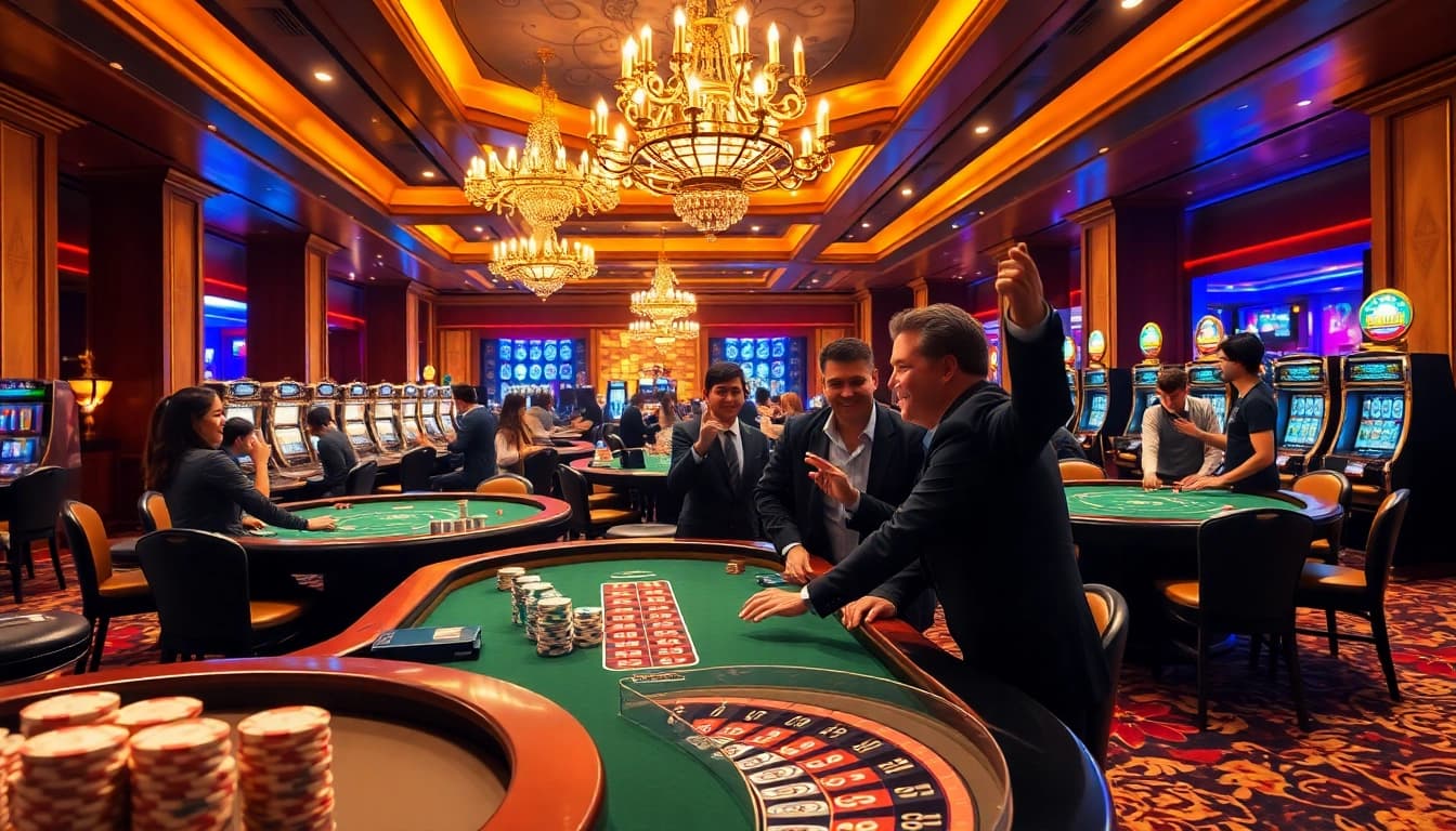 Players celebrating wins at an upscale casino table, highlighting the thrill offered by https://8kbetbh.com/.