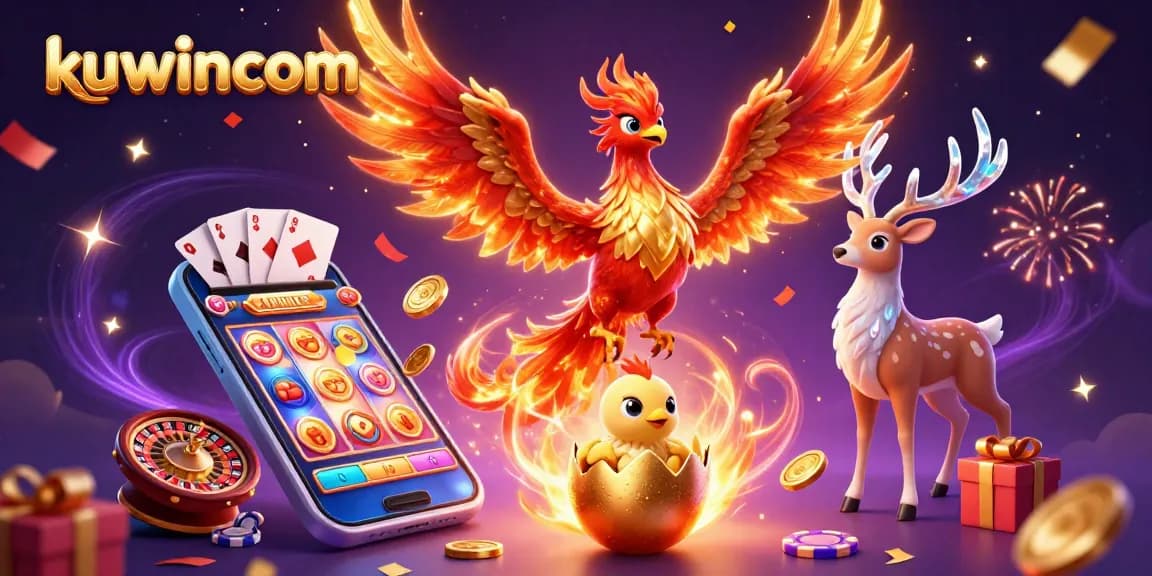 Kuwincom showcases a vibrant 3D phoenix and mystical stag, celebrating casino wins with gaming elements.