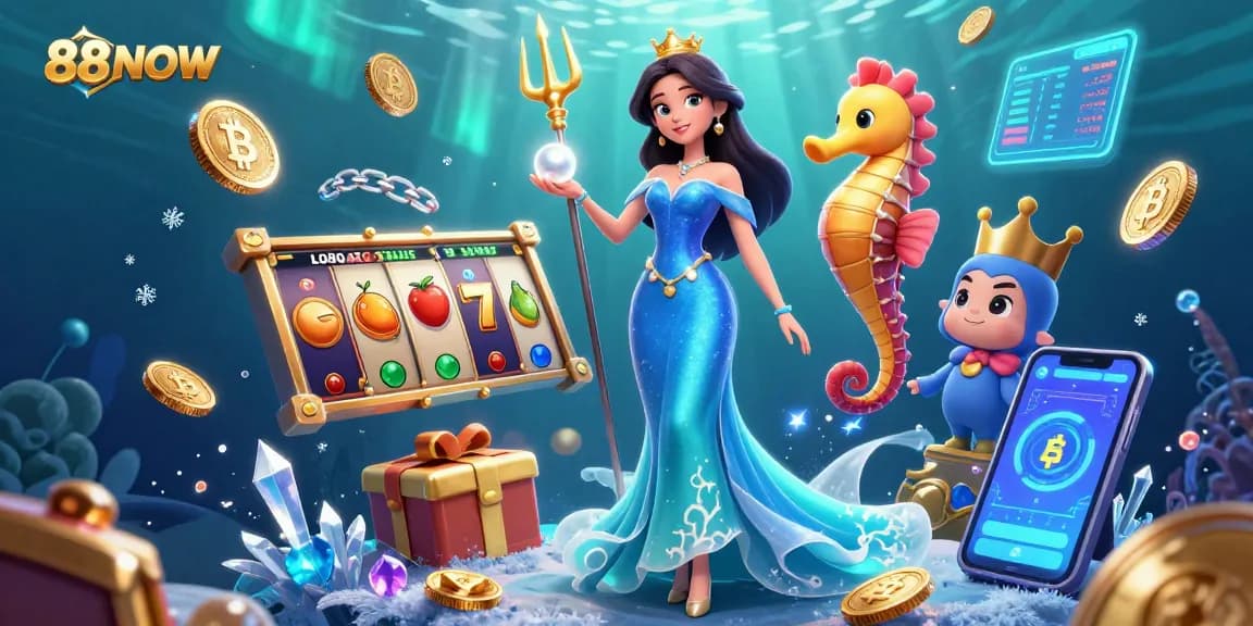 Experience thrilling jackpots with 88NOW in a vibrant underwater casino scene.