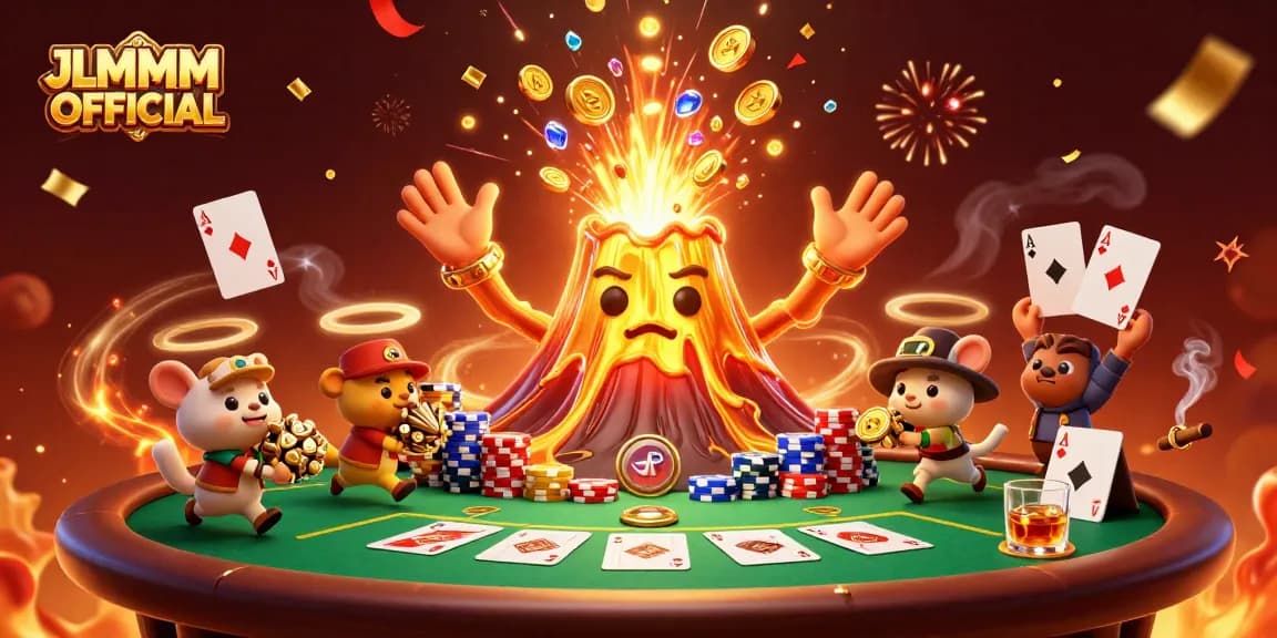 Engage with the vibrant scene of JLMMM OFFICIAL, showcasing poker excitement and a magical eruption of treasure.