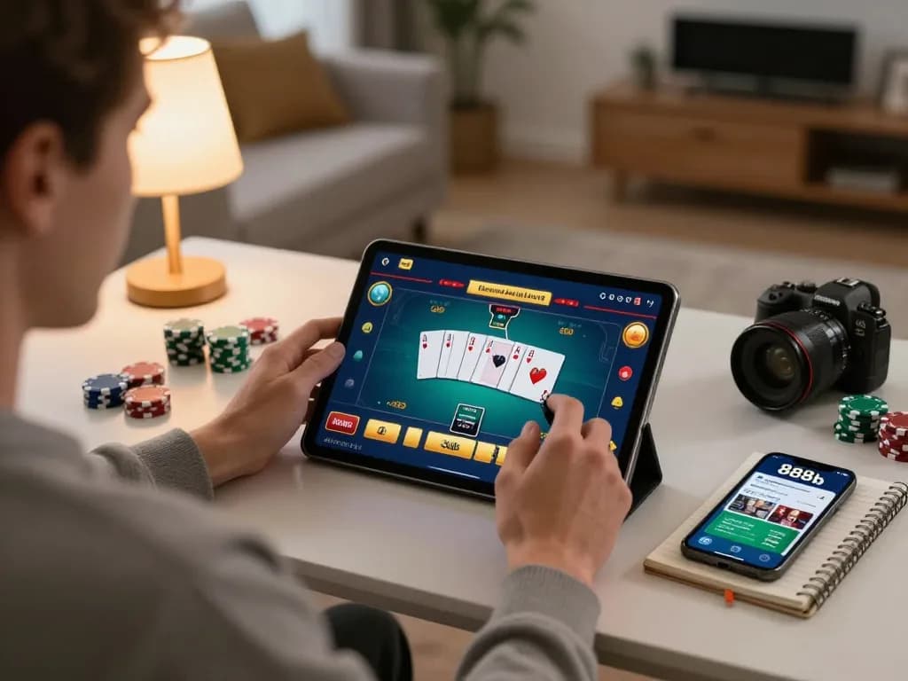 Engaged player using 888b online casino app on tablet for poker gameplay at home