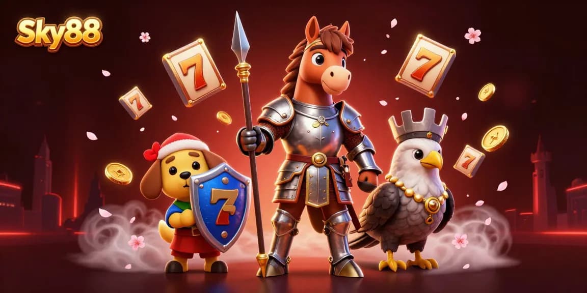 Witness the excitement of Sky88 with a dynamic casino scene featuring slot reels and vibrant game elements.