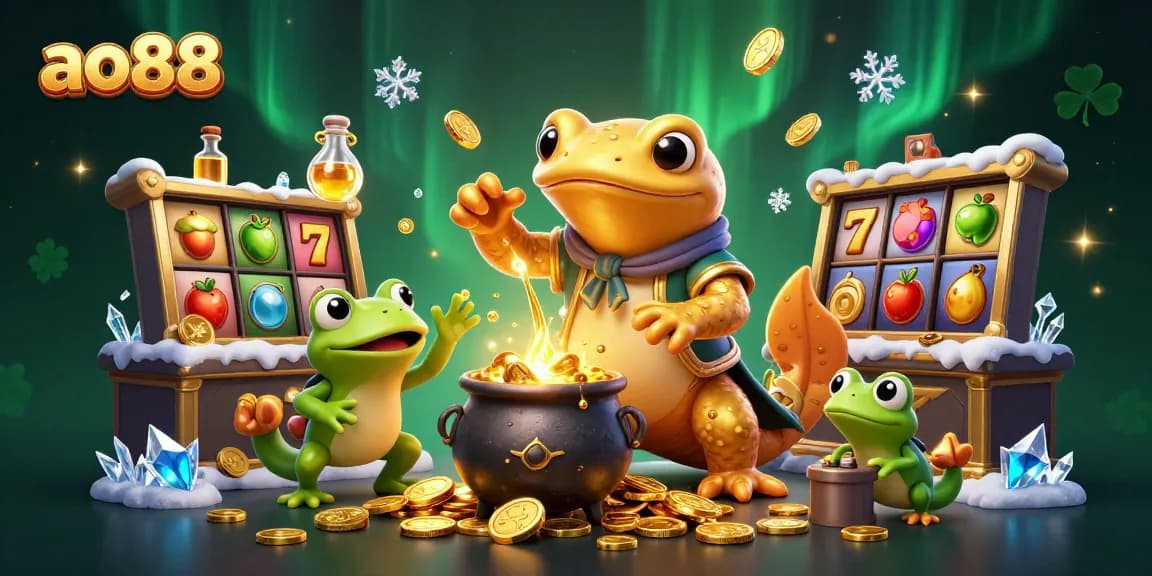Experience the magic of ao88 as golden coins spin amidst vivid slots and enchanting characters in this vibrant casino illustration.