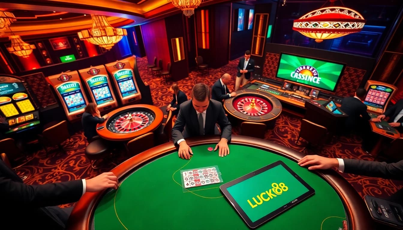 Luck8 poker table surrounded by high-stakes players in a vibrant casino atmosphere.