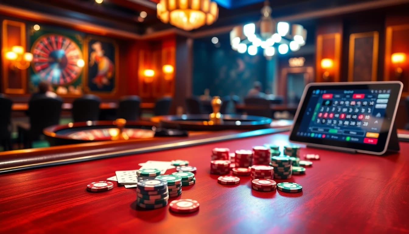 Exciting poker game scene at TG88 casino with vibrant chips and cards.