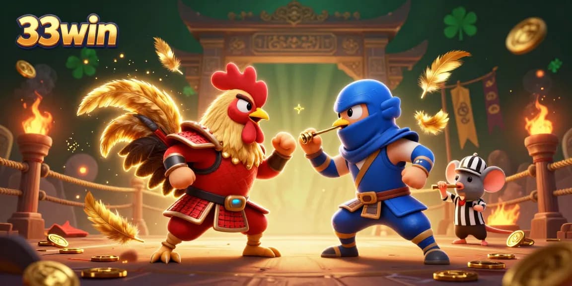 Experience thrilling action with the dramatic showdown between roosters in a vibrant 33win casino illustration.