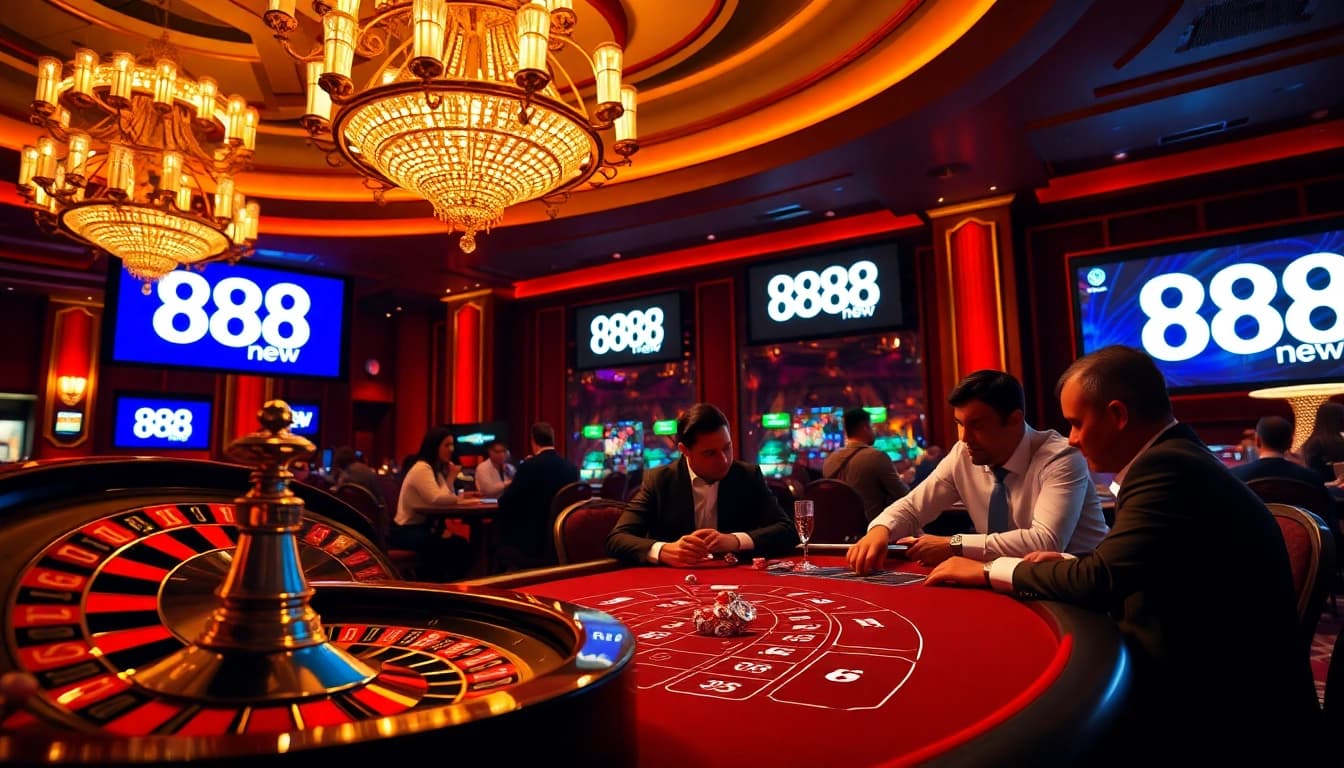 Experience the thrilling excitement of gambling at 888 new casino with players strategizing over poker chips.