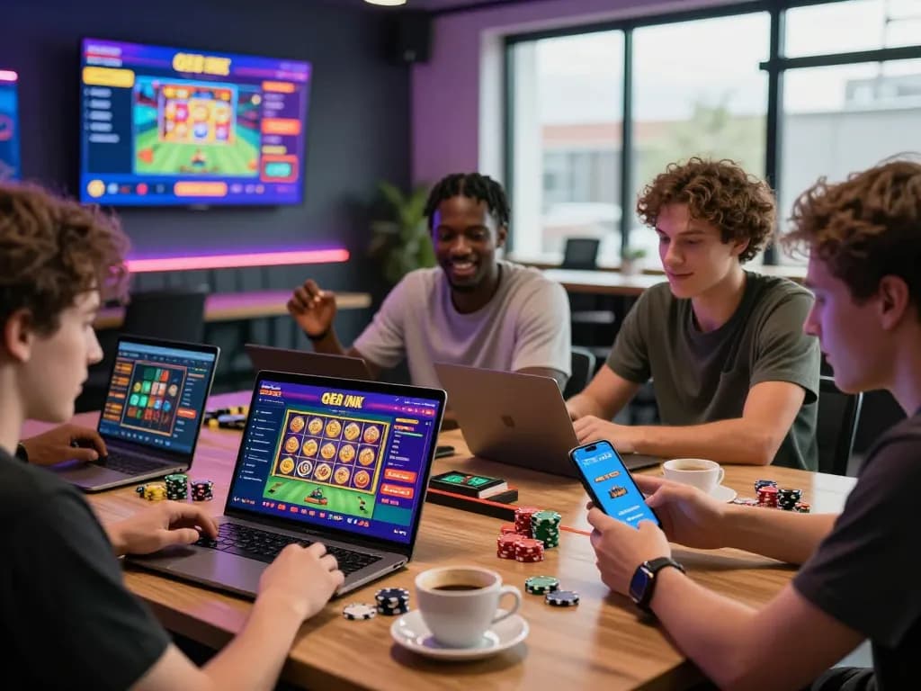 Excited players enjoying the QE8 INK online betting platform in a lively gaming room.