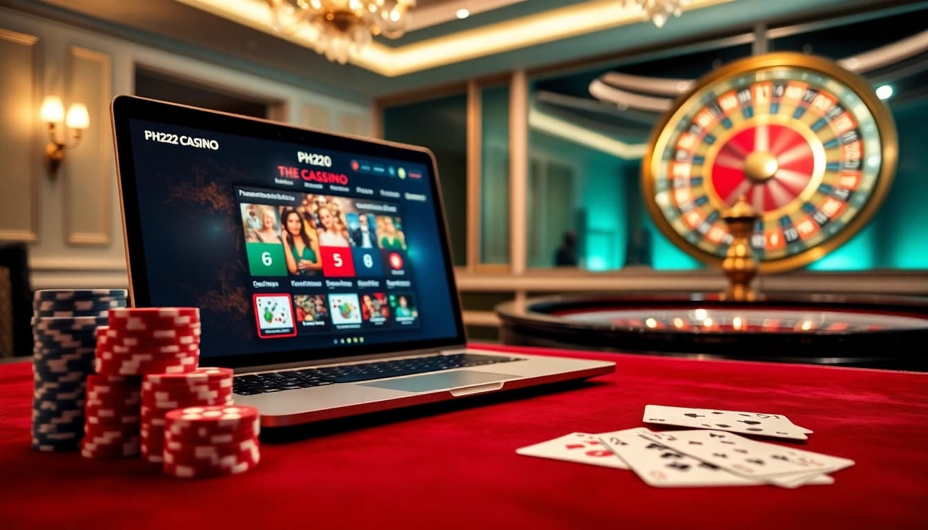 Experience the excitement of gaming at PH222 casino with vibrant tables, chips, and roulette.