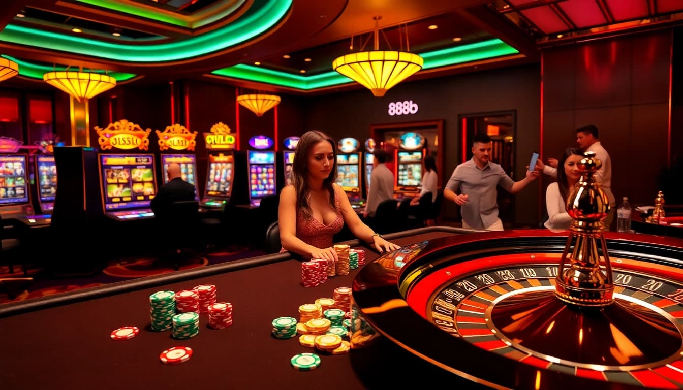 Players enjoying exciting casino games at 888b, featuring vibrant slot machines and a spinning roulette wheel.
