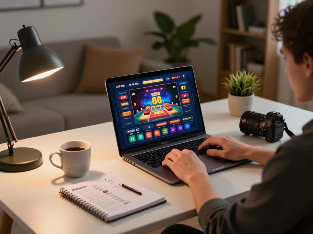Player engaging with sc88 online casino game on laptop in a stylish home office