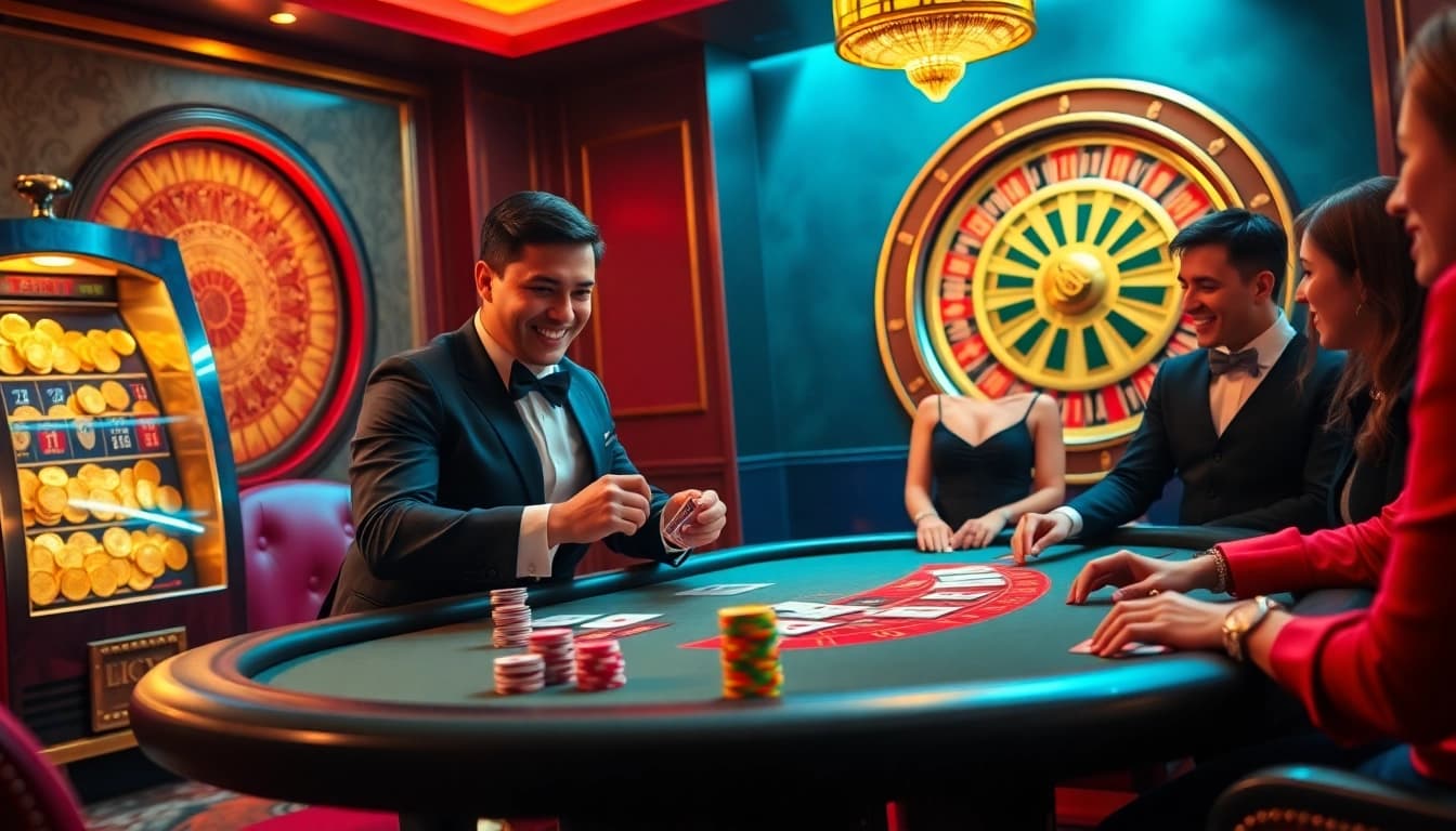 KJC attracts players with vibrant casino excitement featuring poker tables and roulette wheels