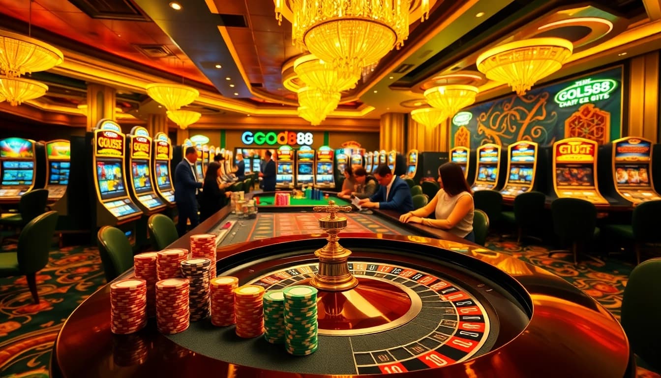Engaged players enjoying a vibrant casino experience at Good88, featuring roulette, poker, and slot machines.