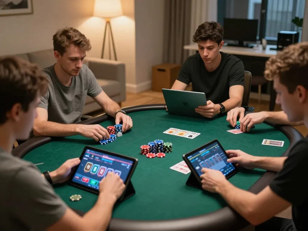 Engaged players enjoying online poker with go8, showcasing strategic gameplay in a cozy home