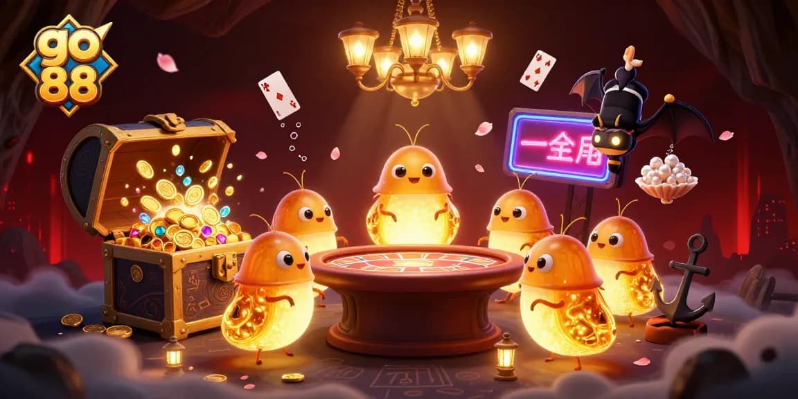 Experience the excitement of go 88 with glowworms lighting a vibrant cave casino scene filled with treasure and games.