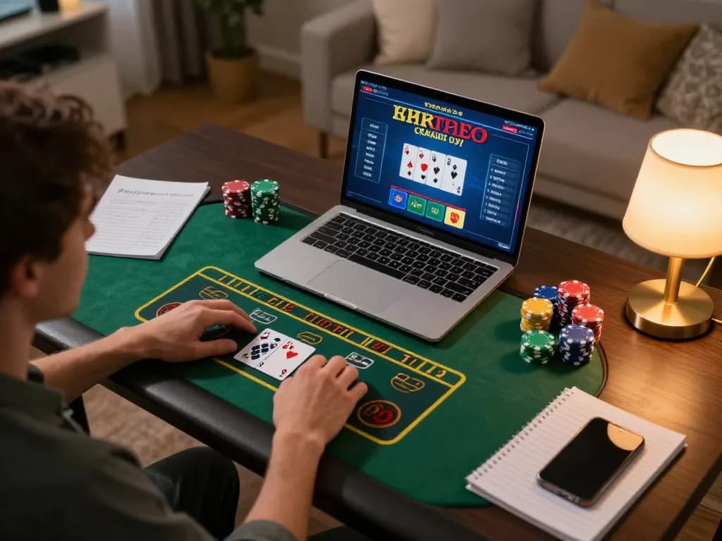 N188 player engaging in online casino gaming at home, showcasing strategic gameplay and cozy atmosphere.