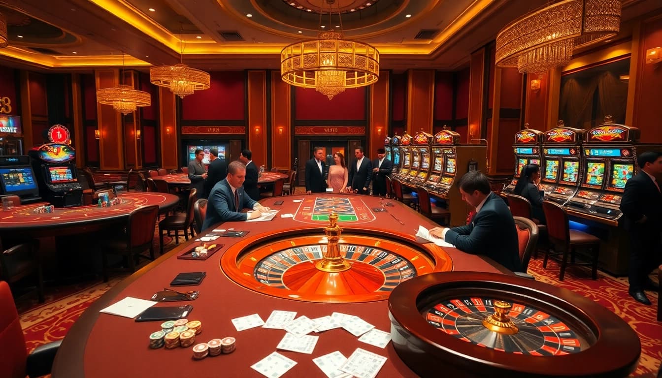 Experience the excitement of tr88 game with dynamic casino visuals featuring poker tables and slot machines.