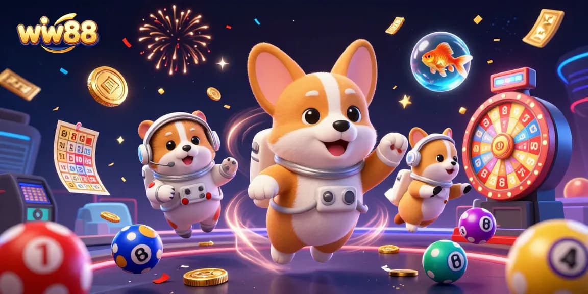 Engage with thrilling casino games at ww88, featuring a fun 3D illustration of an astronaut corgi in a space casino.