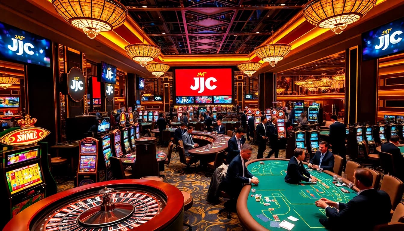 The bustling scene of a luxurious casino floor showcases the tập đoàn kjc brand, with excited players at slot machines and poker tables.