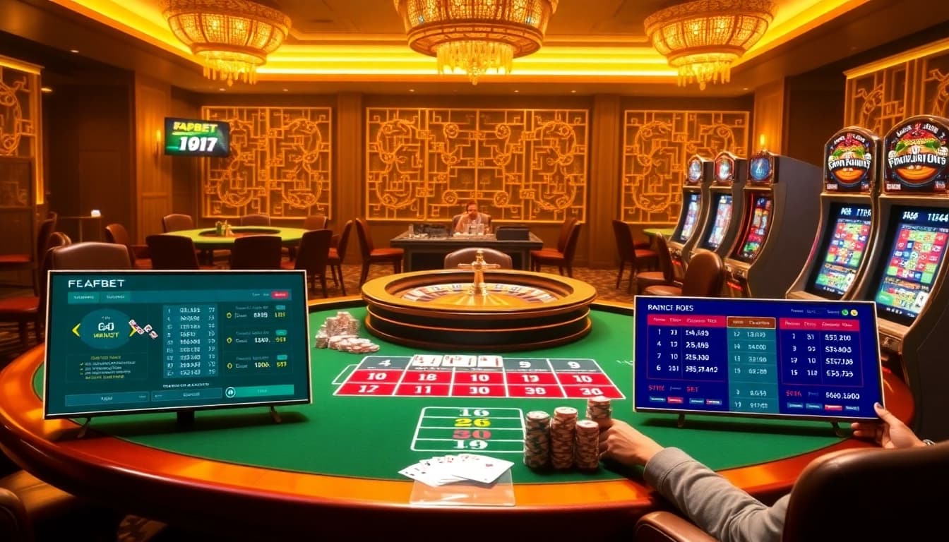 Excitement at the FABET casino with vibrant gaming tables and dynamic betting options.