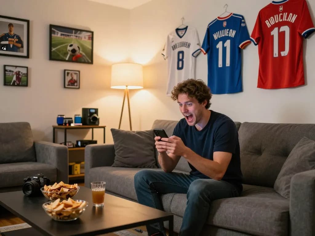 Footballresults sports betting scene with a person celebrating a winning bet on their smartphone.
