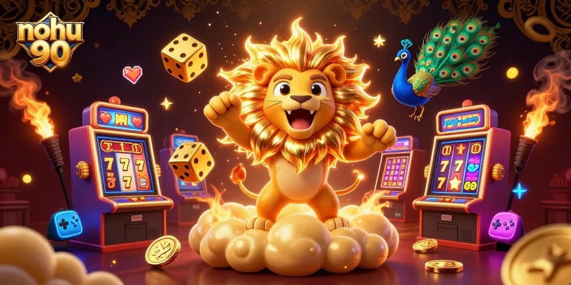 Spin to win with nohu 90 at the vibrant 3D casino, featuring golden dice and dynamic slot machines!