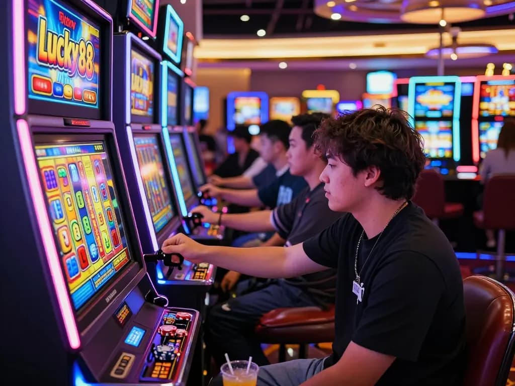 Player engaged with the Lucky88 slot machine in a vibrant casino environment, showcasing excitement and colorful game elements.
