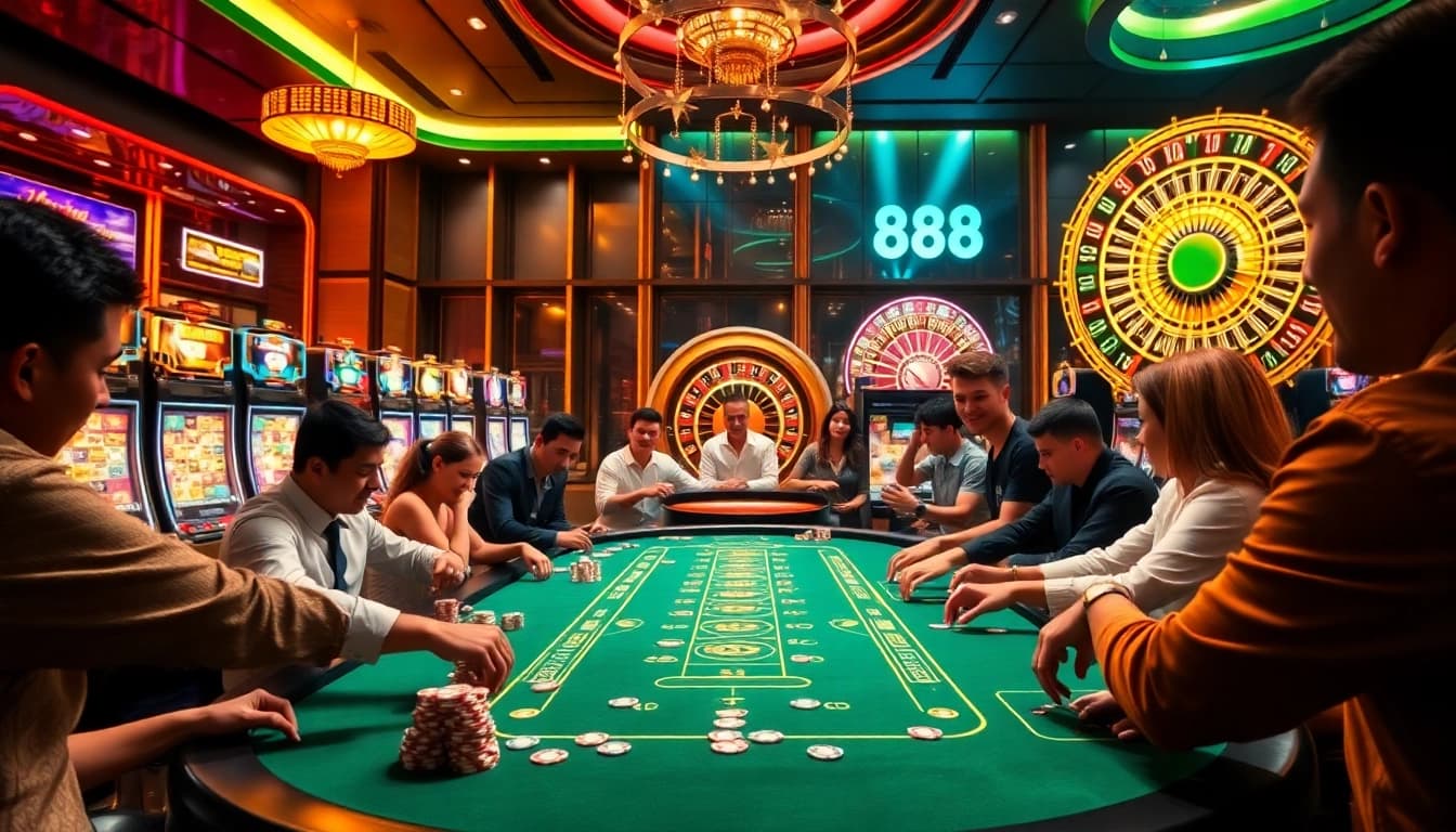 Engaged players enjoying poker and slots at King88 casino showcasing excitement and luxury.