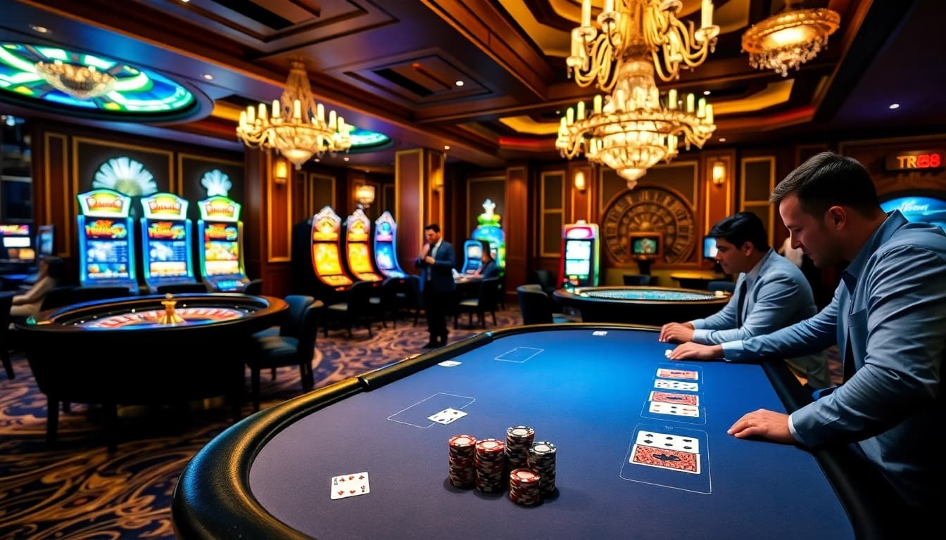 TR88 poker players engaged in a high-stakes game, showcasing excitement in a luxurious casino setting.
