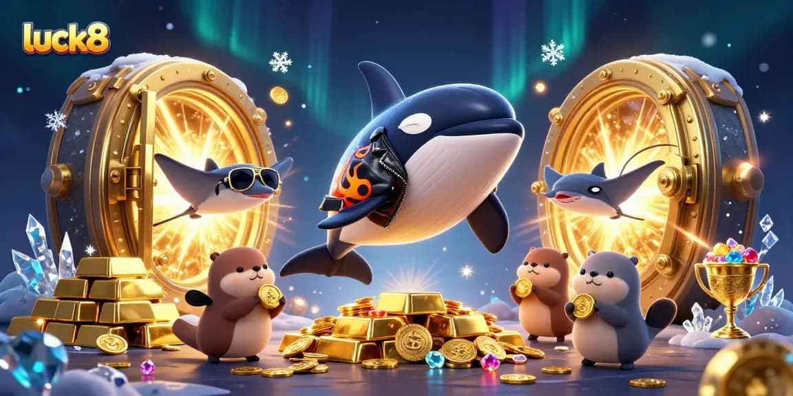 Experience luck8's vibrant gaming atmosphere with an orca biker, stingray, and otters floating on coins.