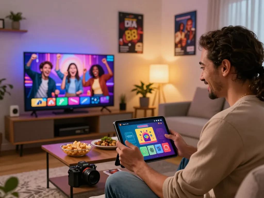 Engaged user playing DA 88 card game on tablet in cozy living room, showcasing online entertainment.