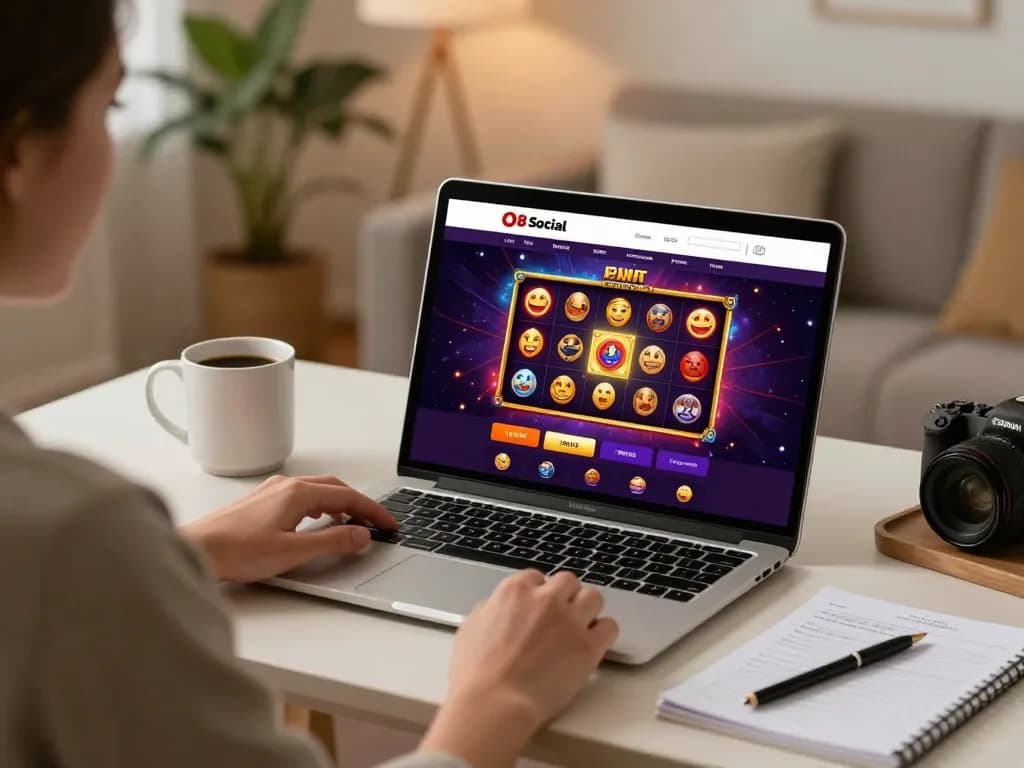 Player exploring O8 Social online casino interface at home, highlighting a cozy gaming setup.