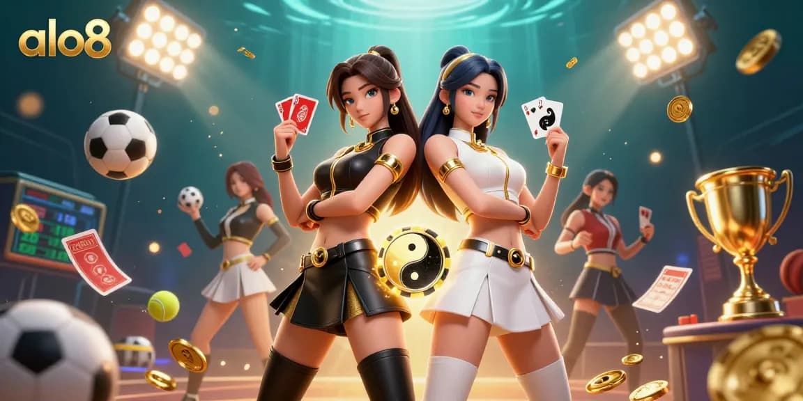 alo8 presents a dynamic scene with twin Asian women holding playing cards, surrounded by vibrant casino elements.