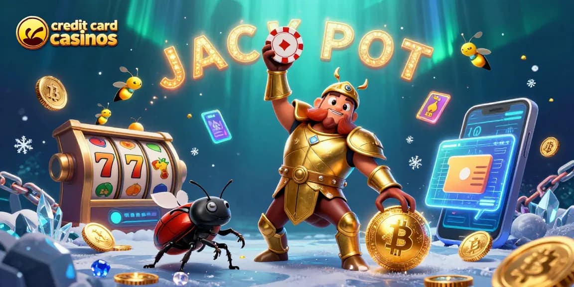 Engage with exciting credit card casinos featuring a victorious hercules beetle character lifting a poker chip.
