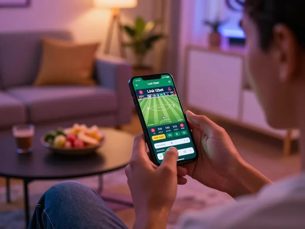 Giao diện ứng dụng Link 12bet trên smartphone cho cá cược thể thao trong một không gian thoải mái tại gia.