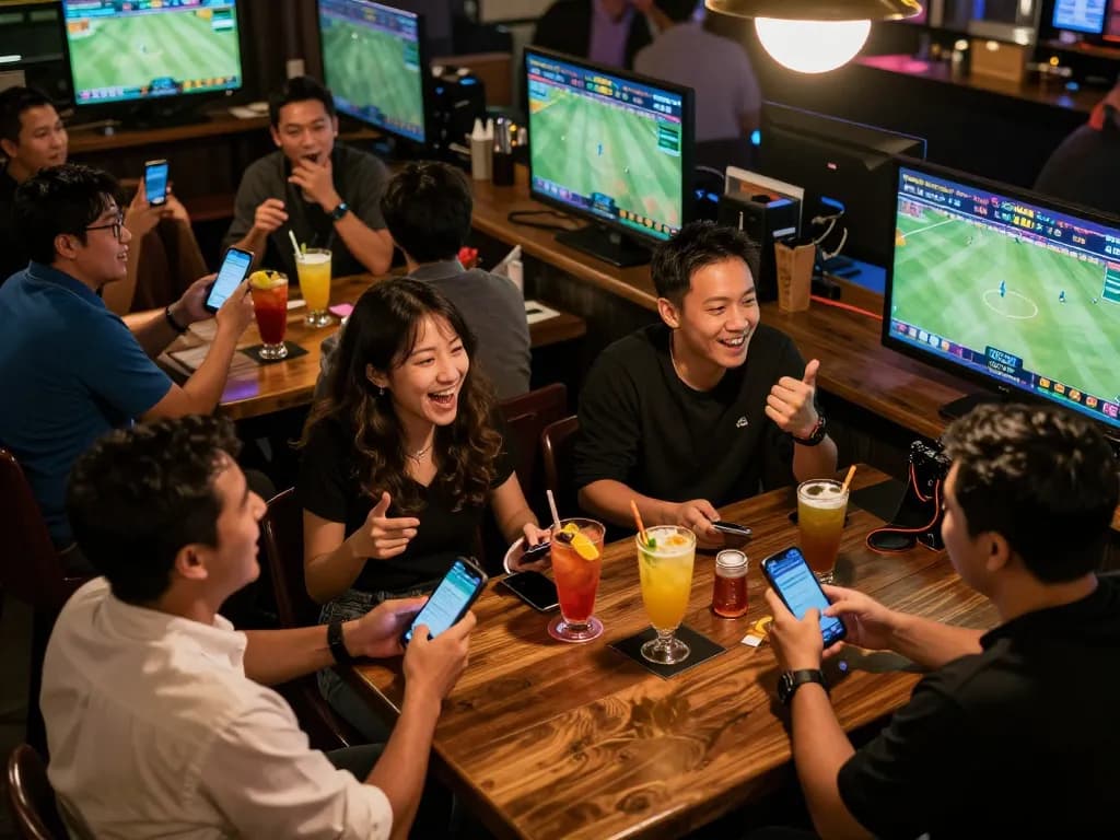 Exciting sports betting at a vibrant bar with LUCK8 app in action, showing patrons engaged in live betting.