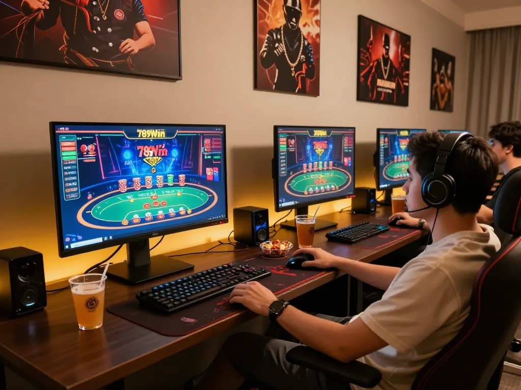 Engaging with the 789Win gaming platform at home, showcasing poker gameplay in a cozy environment