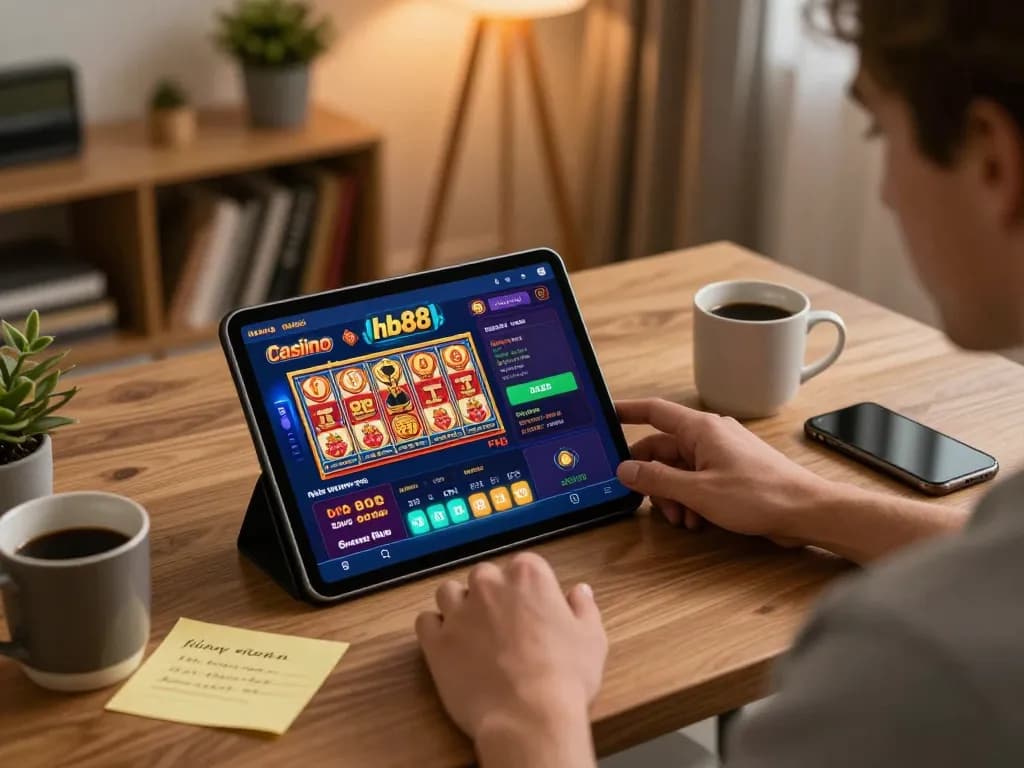 Engaging online gambling experience on hb88 app displayed on tablet in a cozy home setting.