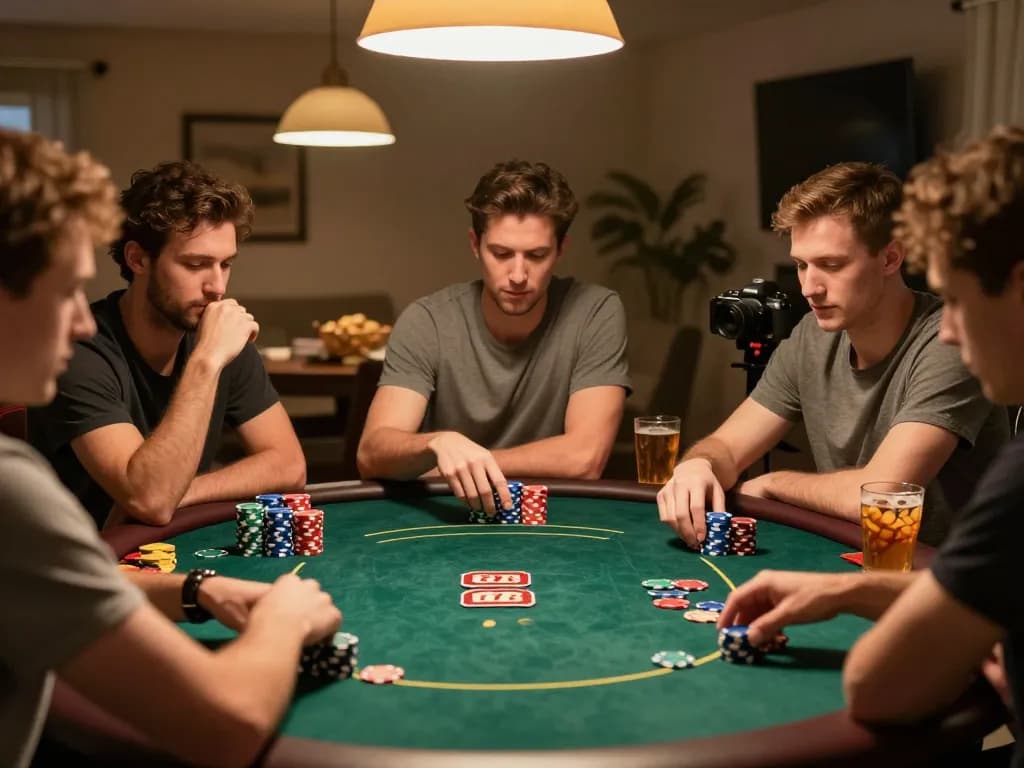 Friends strategizing during intense poker game night, showcasing the excitement of okking.